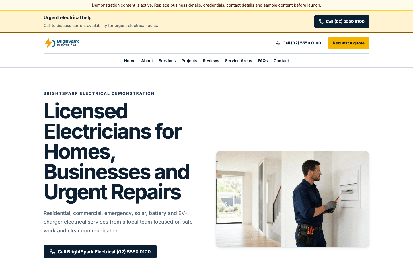 BrightSpark Electrical template home page shown on desktop and mobile screens.