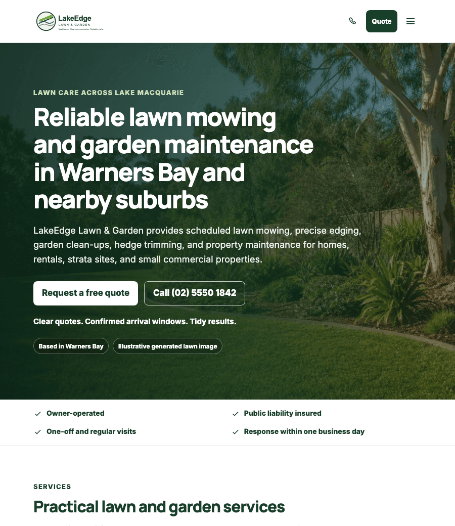 LakeEdge Lawn & Garden template home page shown on desktop and mobile screens.